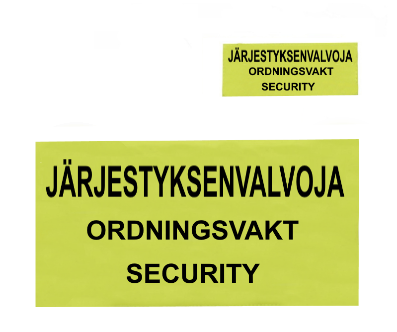 Järjestyksenvalvojan tarrakiinnitteiset kangastunnukset rintaan ja selkään -UNIVERSAL